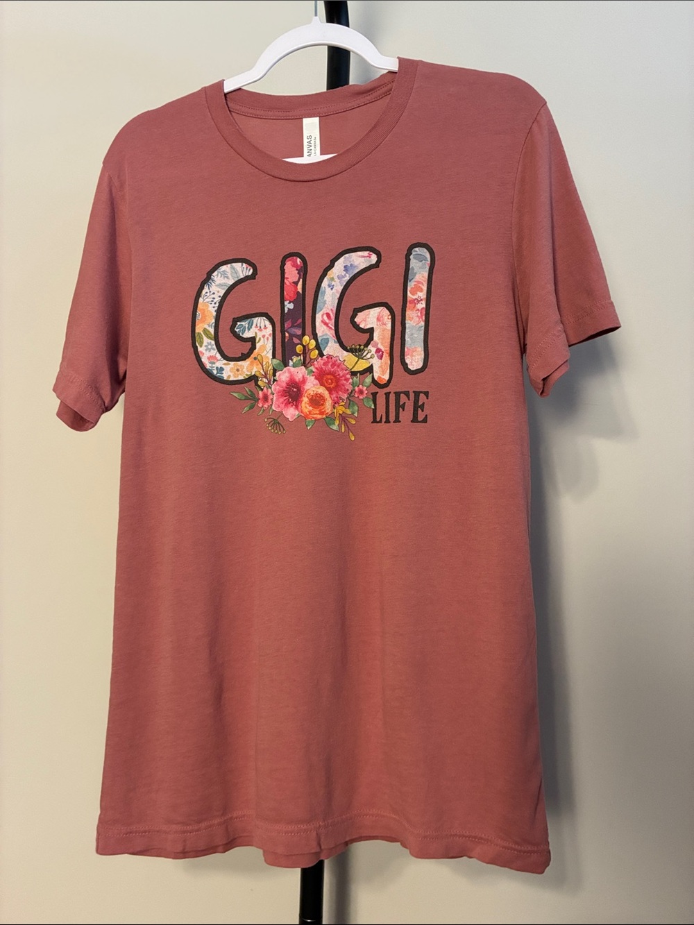 Bella Canvas Mauve Pink 'GIGI Life' Floral Graphic Tee Shirt Top Cotton Medium